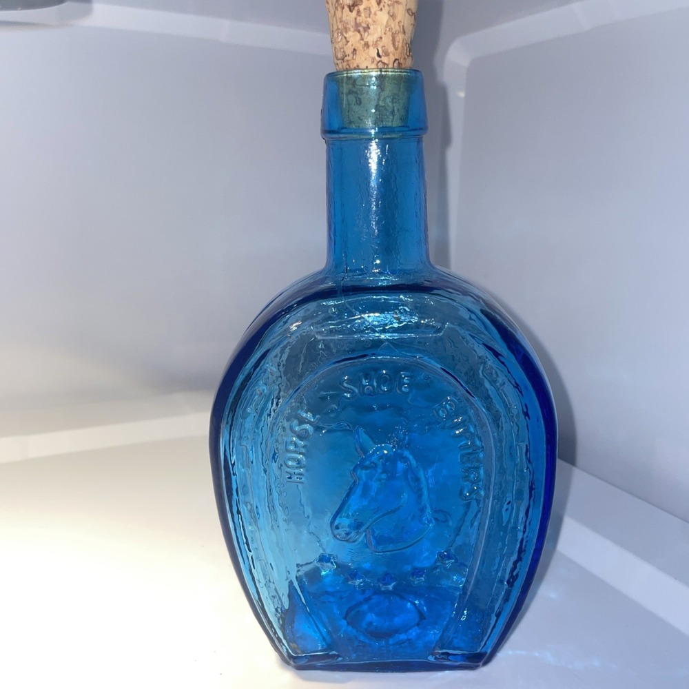 Vintage Wheaton NJ Large Rare Blue Glass Bottle Horse Shoe Bitters